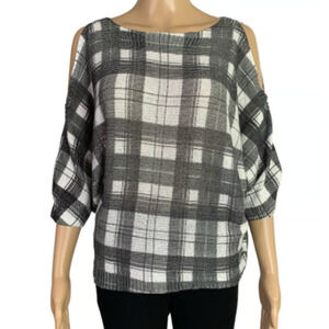 Luisa Ricci Italy Women's Medium Sweater Open Knit Balmoral Plaid Cold Shoulder